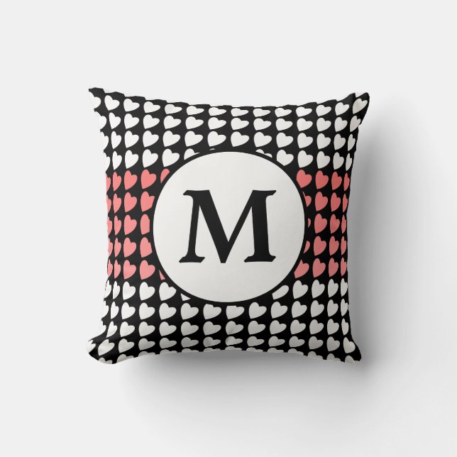 Pink Black White Heart Pattern Monogram Cushion (Front)