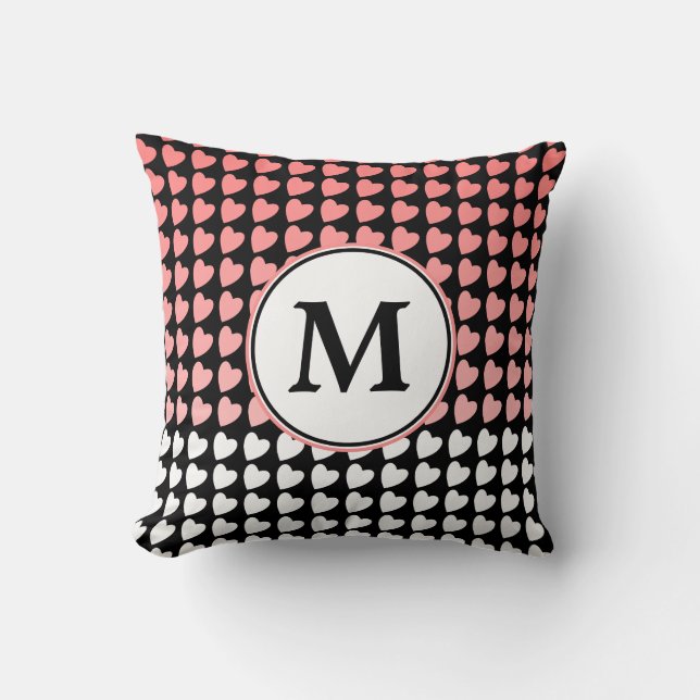 Pink Black White Heart Pattern Monogram Cushion (Front)