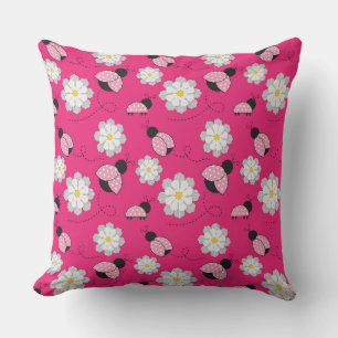 PINK BLACK WHITE LADYBUGS & WHITE DAISIES CUSHION
