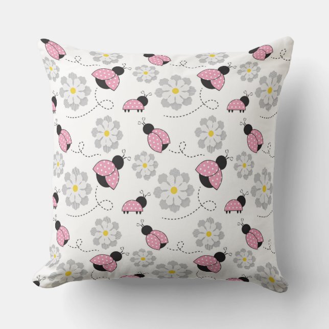 PINK BLACK WHITE LADYBUGS & WHITE DAISIES CUSHION (Front)