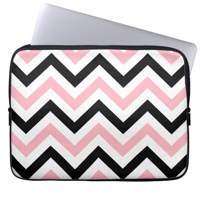 Pink, Black, White Large Chevron ZigZag Pattern Laptop Sleeve (Front)