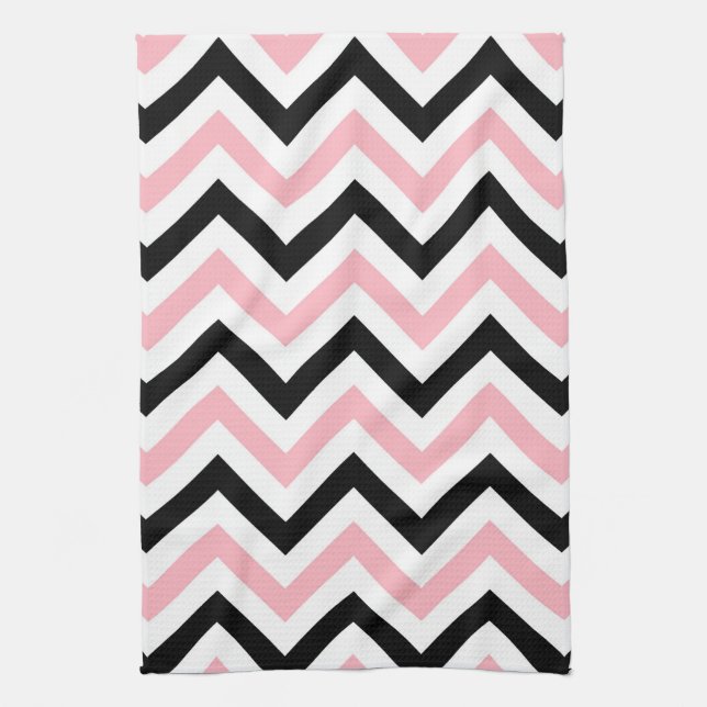 Pink, Black, White Large Chevron ZigZag Pattern Tea Towel (Vertical)