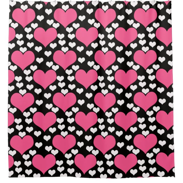 Pink Black White Love Hearts Pattern  Shower Curtain (Front)
