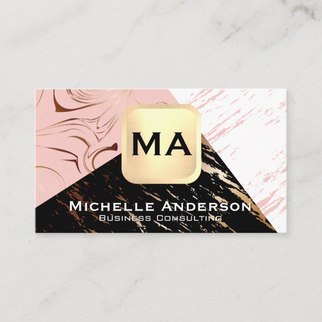 Pink Black White Marble | Monogram Business Card (Front)