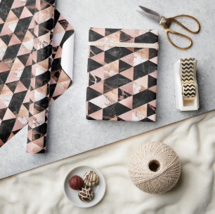 Pink, Black & White Marble Texture Geometric Wrapping Paper