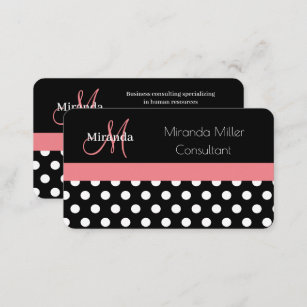 Pink Black White Polka Dot Monogram Business Card