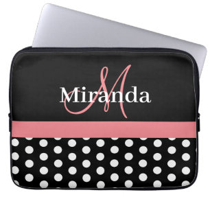 Pink Black White Polka Dot Monogram Laptop Sleeve