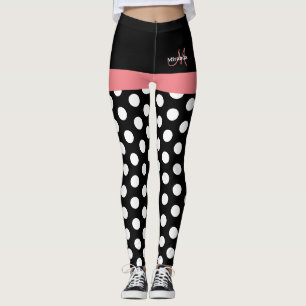 Pink Black White Polka Dot Monogram Leggings