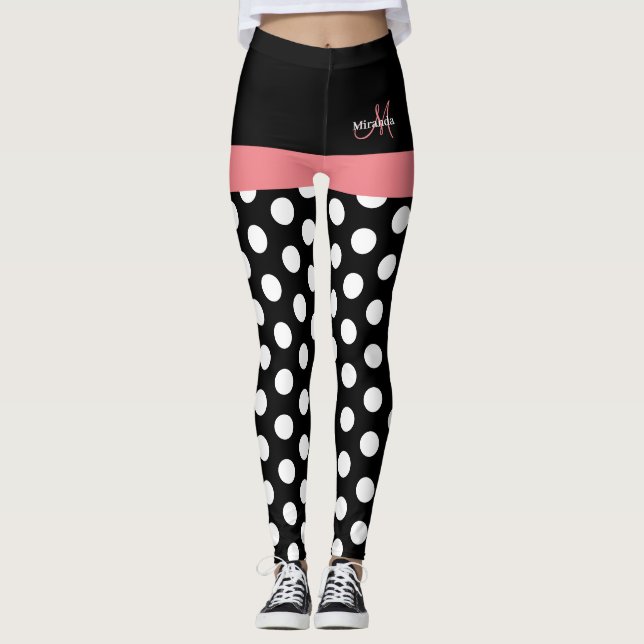 Pink Black White Polka Dot Monogram Leggings (Front)