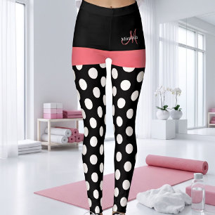 Pink Black White Polka Dot Monogram Leggings