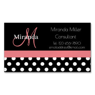 Pink Black White Polka Dot Monogram Magnetic Business Card