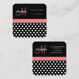 Pink Black White Polka Dot Monogram Square Business Card