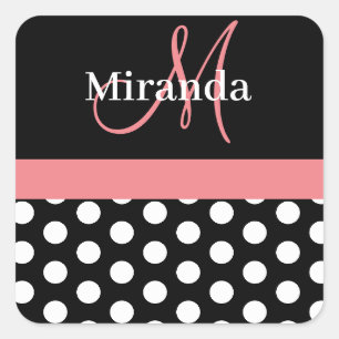 Pink Black White Polka Dot Monogram Square Sticker