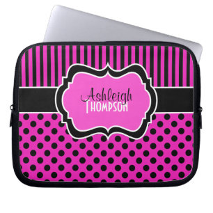 Pink, Black, White, Polka Dot Stripe Laptop Sleeve