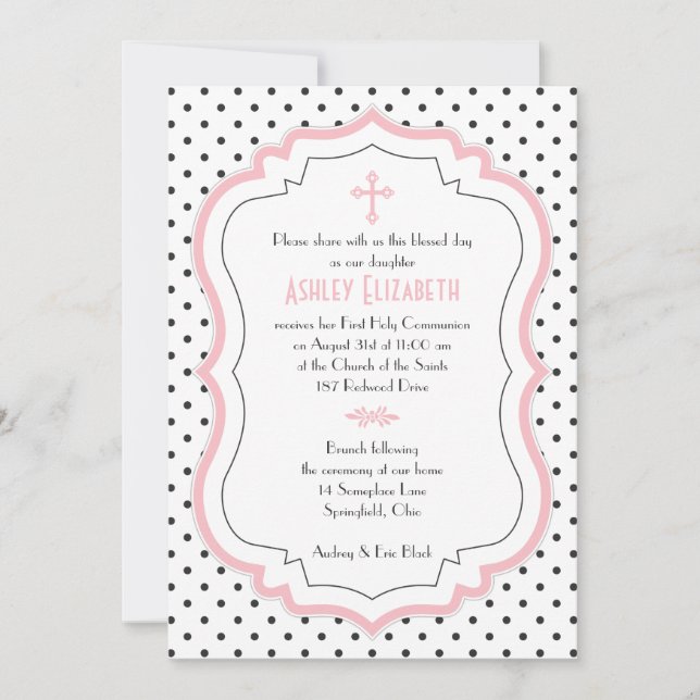 Pink Black White Polka Dots Communion Invitation (Front)