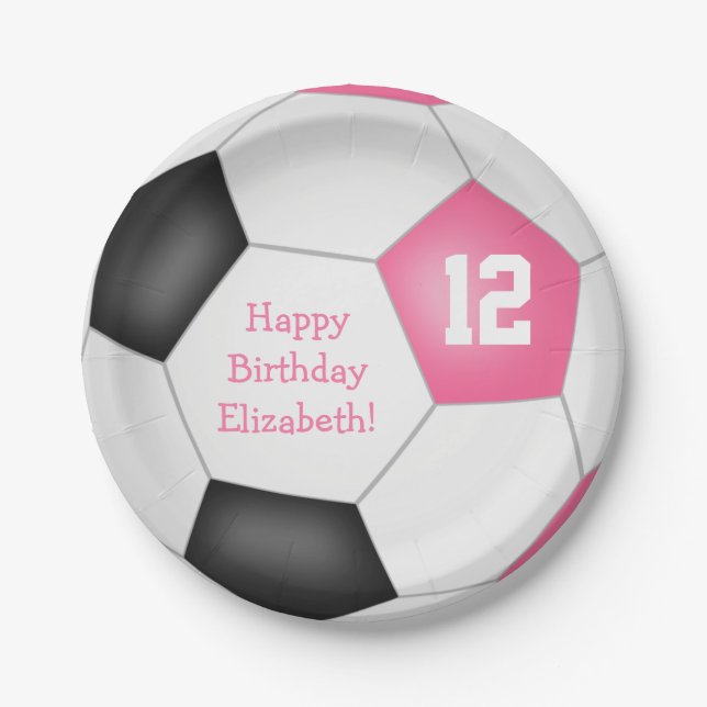 pink black white soccer themed birthday party paper plate (Front)