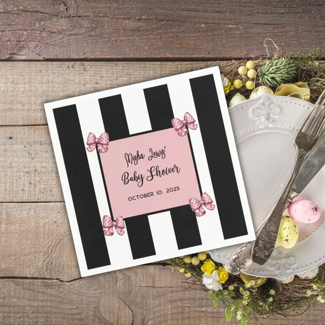 Pink, Black & White Stripe Coquette Baby Shower Napkin (Creator Uploaded)