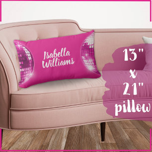 Pink Black White Stripe Disco Ball Sparkle Name Lumbar Cushion