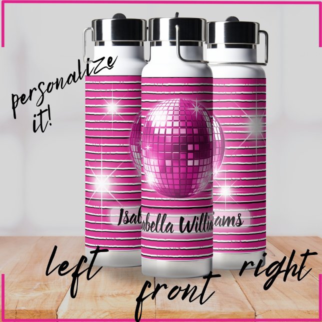 Pink Black White Stripe Disco Ball Sparkle Name Water Bottle (Creator Uploaded)