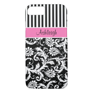 Pink, Black, White Striped Damask iPhone 7 Case