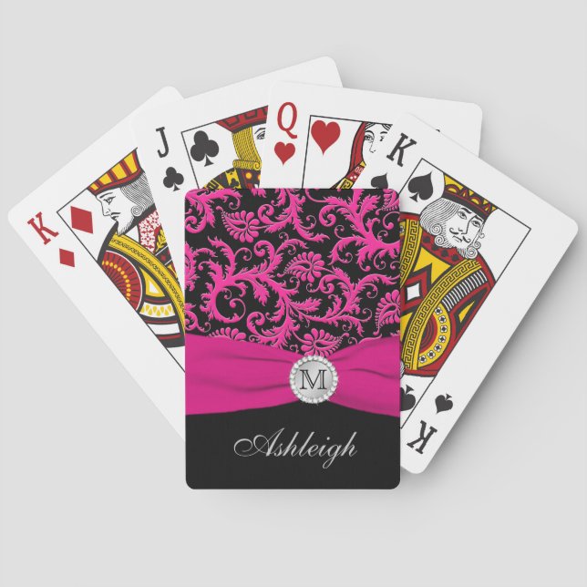 Pink Black White Striped Damask Playing Cards (Back)
