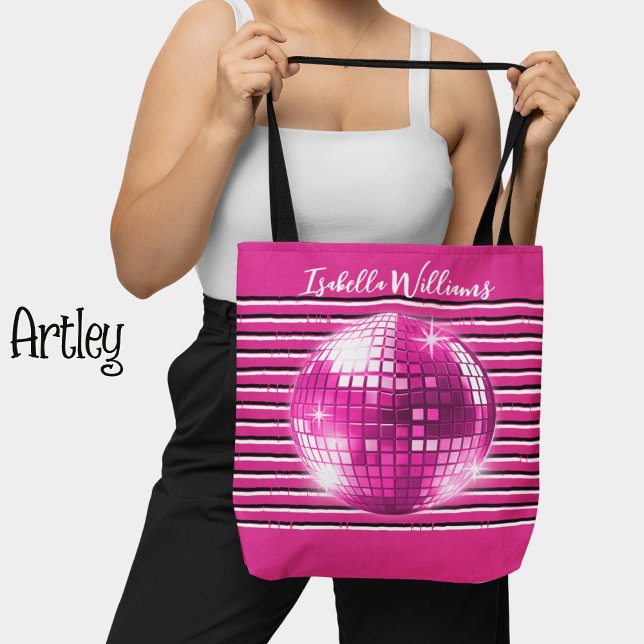 Pink black white stripes disco ball girly name  tote bag (Creator Uploaded)