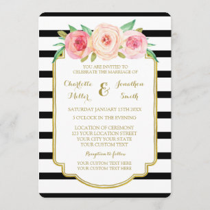 Pink Black White Stripes Gold Wedding Invitations