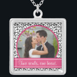 Pink, Black, White Wedding Photo Template Necklace<br><div class="desc">Change the photo and the love verse on this pink, black, and white floral damask wedding or anniversary photo template pendant and necklace. To change the verse and photo, use the personalise option. For more extensive changes to the necklace, including changing the font, font size, font colour, photo size, or...</div>