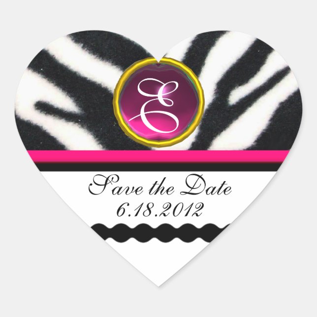 PINK BLACK WHITE ZEBRA FUR MONOGRAM ,Save The Date Heart Sticker (Front)