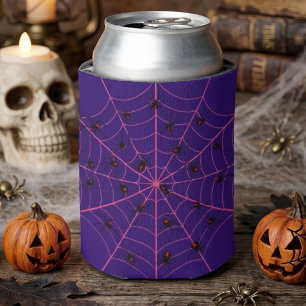 Pink Black Widow Spider Web Art Halloween Pattern Can Cooler