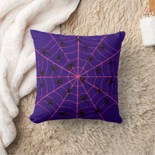 Pink Black Widow Spider Web Art Halloween Pattern Cushion