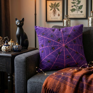 Pink Black Widow Spider Web Art Halloween Pattern Cushion