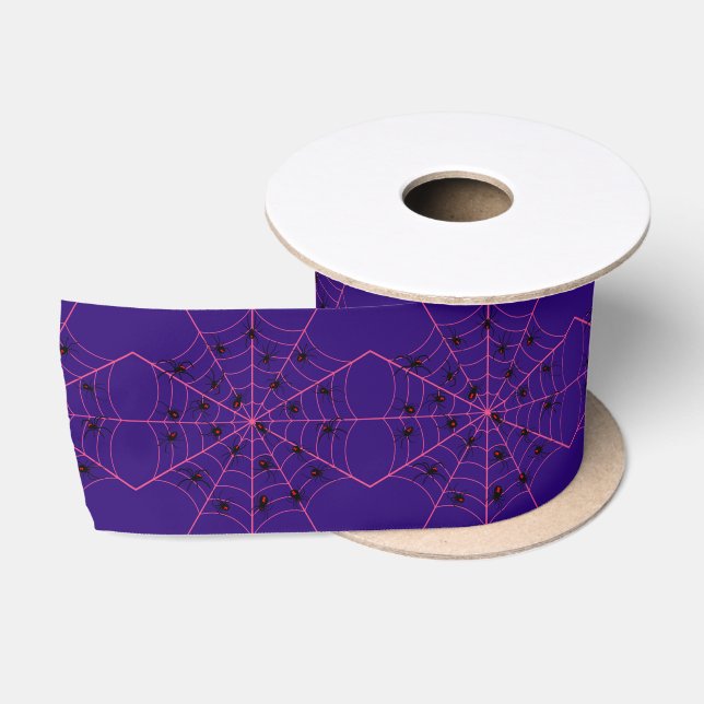 Pink Black Widow Spider Web Art Halloween Pattern Satin Ribbon (Spool)