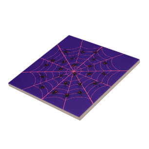 Pink Black Widow Spider Web Art Halloween Pattern Tile