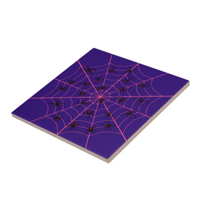 Pink Black Widow Spider Web Art Halloween Pattern Tile (Side)