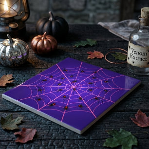 Pink Black Widow Spider Web Art Halloween Pattern Tile