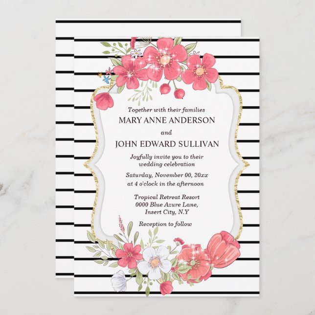Pink black wildflower watercolor country wedding  invitation (Front/Back)