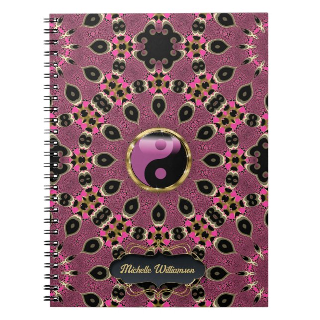 Pink Black Yin Yang Peacock Mandala Custom Notebook (Front)