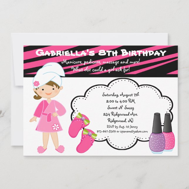 Pink & Black Zebra Girls Spa Day Invite (Front)
