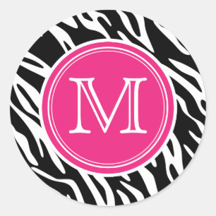 Pink & Black Zebra Print Monogram Round Stickers