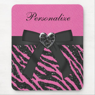 Pink & Black Zebra Printed Glitter & Bow Mouse Pad