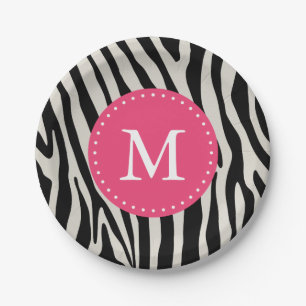 Pink & Black Zebra Stripe Monogram Birthday Party Paper Plate