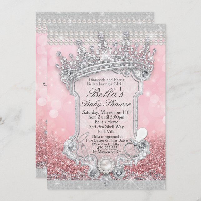 Pink Bling Glitter Baby Shower Invitations (Front/Back)