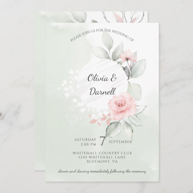 Pink Bliss Roses Pastel Green Wash Wedding Invitation (Front/Back)