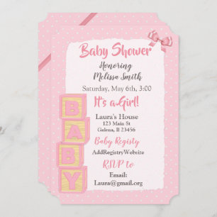 Pink Blocks and Bows Baby Girl Baby Shower Invitation