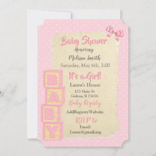 Pink Blocks and Bows Baby Girl Baby Shower Invitation