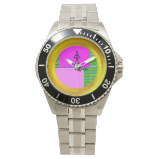 Pink Blocks Gold Rings on Green Lines Geometric Watch