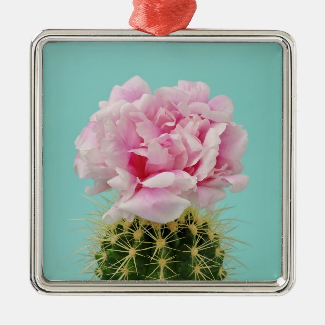 Pink Bloom Atop Spiky Cactus Metal Tree Decoration (Front)