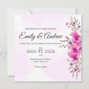 Pink Bloom Side Floral Watercolor Square Wedding Invitation