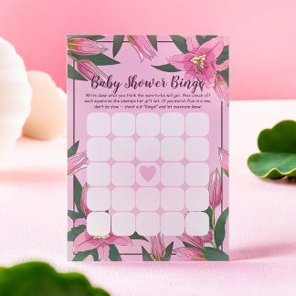 Pink Blooming Lily Baby Shower Bingo Game Card